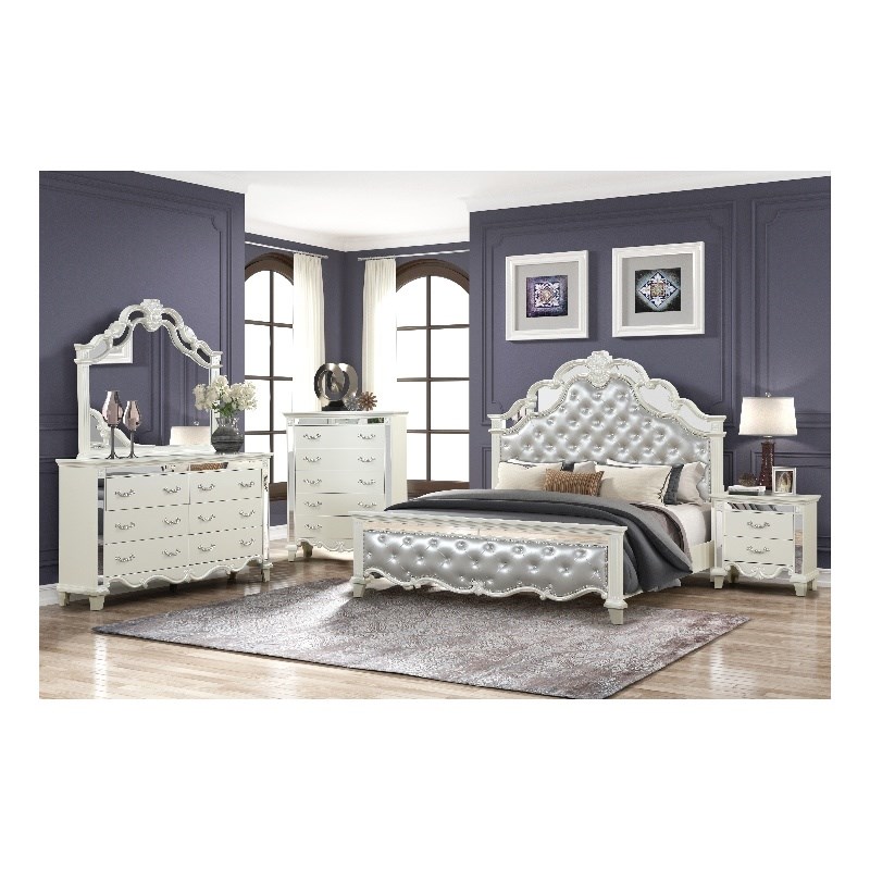 Milan Queen 5-N Tufted Upholstery Bedroom set made with Wood in White