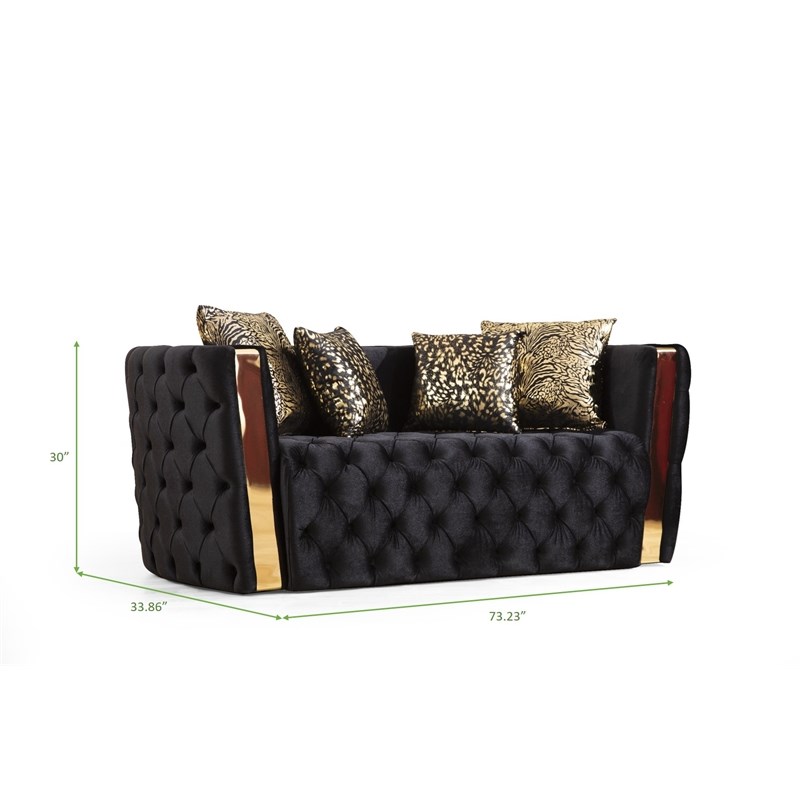 Naomi Button Tufted Loveseat with Velvet Fabric and Gold Accent in Black