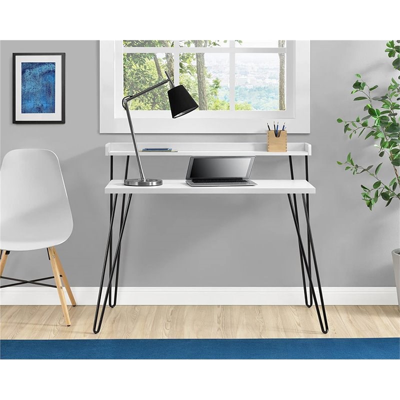 Levan Home Retro Slim Writing Desk with Riser in White Finish