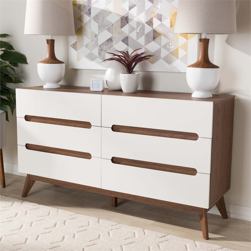 Levan Home Modern 6 Drawer Double Dresser in White and Walnut