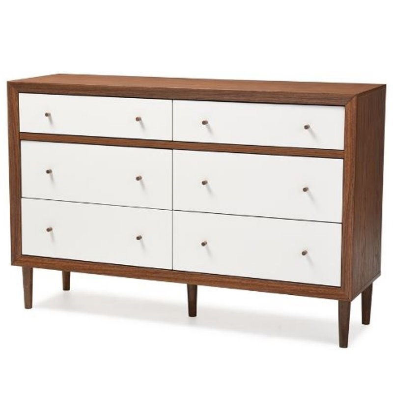 Levan Home Modern 6 Drawer Double Dresser in White and Walnut