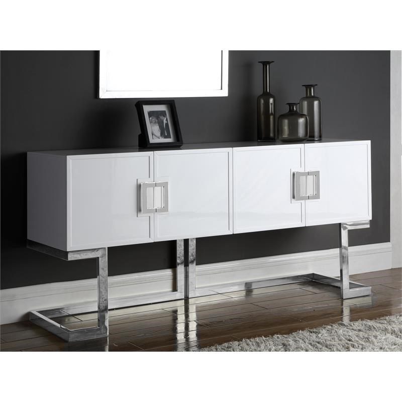 Meridian Furniture Beth Solid Wood Sideboard Buffet in White Lacquer and Chrome