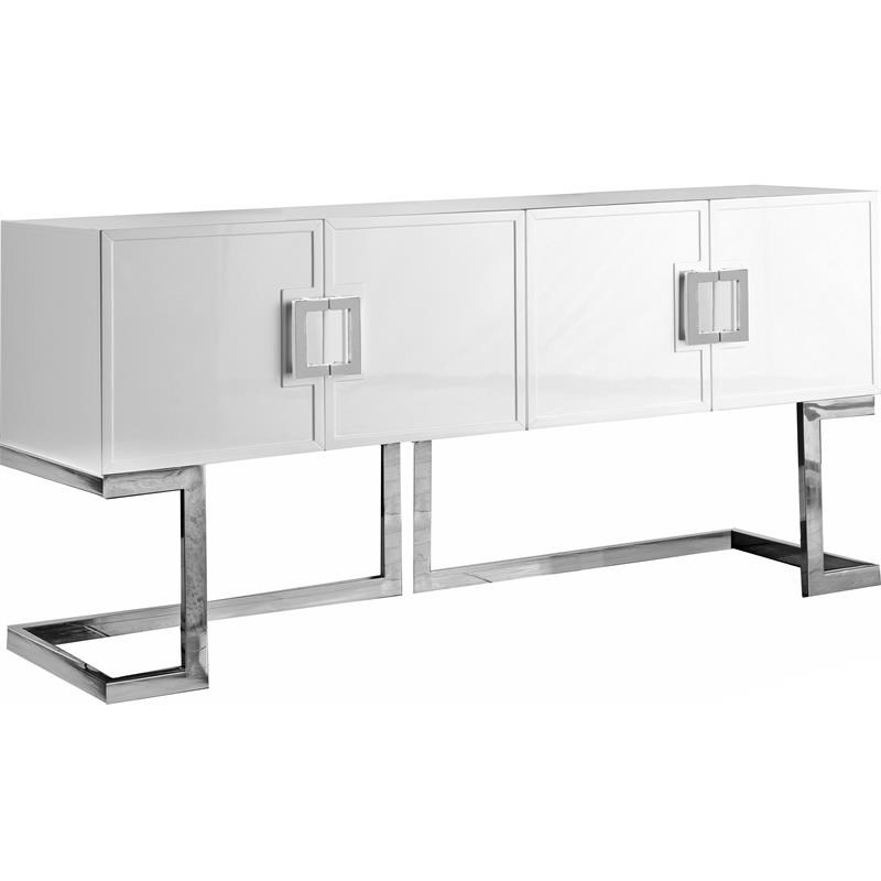 Meridian Furniture Beth Solid Wood Sideboard Buffet in White Lacquer and Chrome
