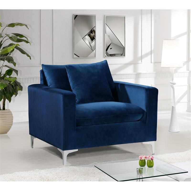 Contemporary Velvet Upholstered Chair with Stainless Steel Base in a Rich Gold or Chrome Finish Meridian Furniture 633Navy-C Naomi Collection Modern Navy 
