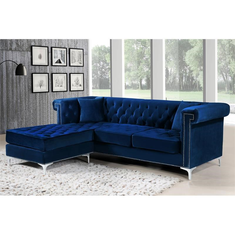 Meridian Furniture Damian Contemporary 2pc Velvet Reversible Sectional in Navy