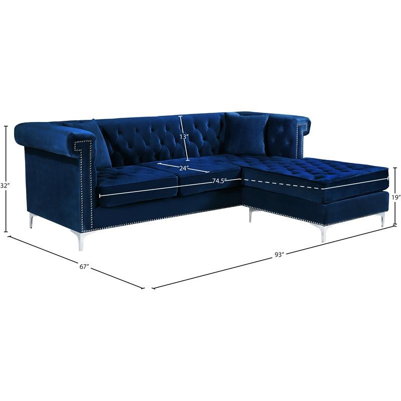 Meridian Furniture Damian Contemporary 2pc Velvet Reversible Sectional in Navy