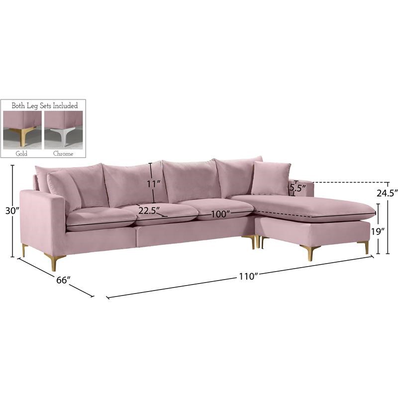 Meridian Furniture Naomi Contemporary 2pc Velvet Reversible Sectional in Pink
