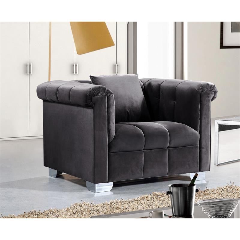 Velvet Accent Chair in Gray and Chrome