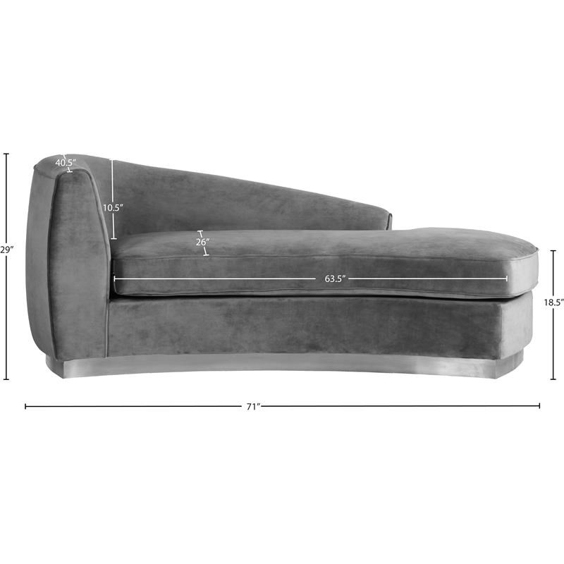 Curved Back Velvet Chaise in Gray and Chrome
