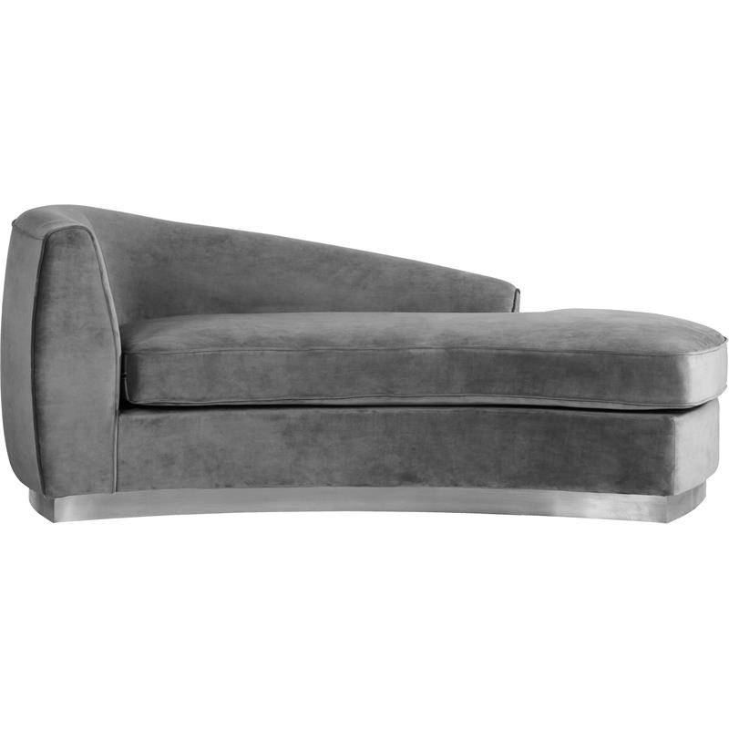 Curved Back Velvet Chaise in Gray and Chrome