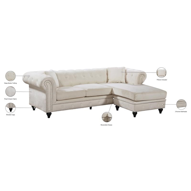 Meridian Furniture Sabrina Contemporary 2pc Velvet Reversible Sectional in Cream