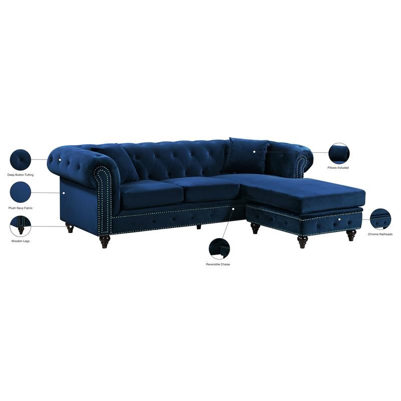 Meridian Furniture Sabrina Contemporary 2pc Velvet Reversible Sectional in Navy