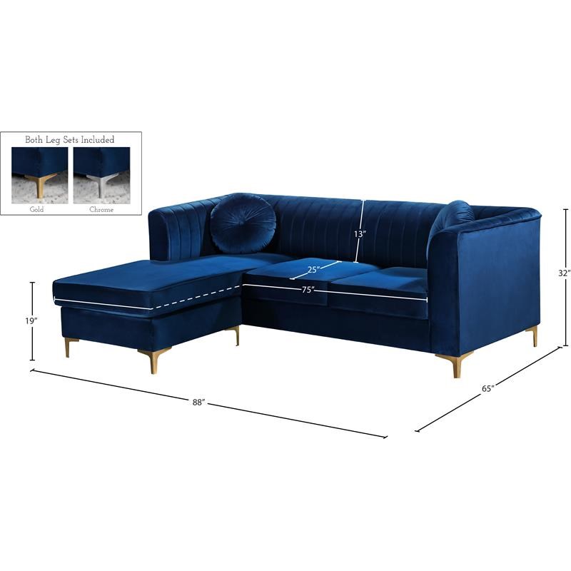 Meridian Furniture Eliana Contemporary 2pc Velvet Reversible Sectional in Navy