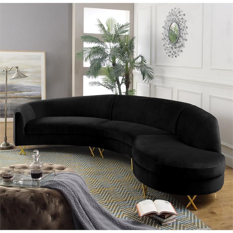 Meridian Furniture Serpentine 3pc Velvet Sectional in Black