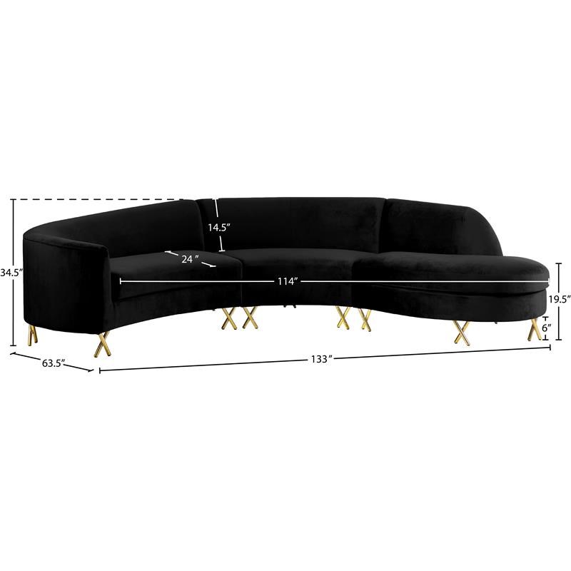 Meridian Furniture Serpentine 3pc Velvet Sectional in Black
