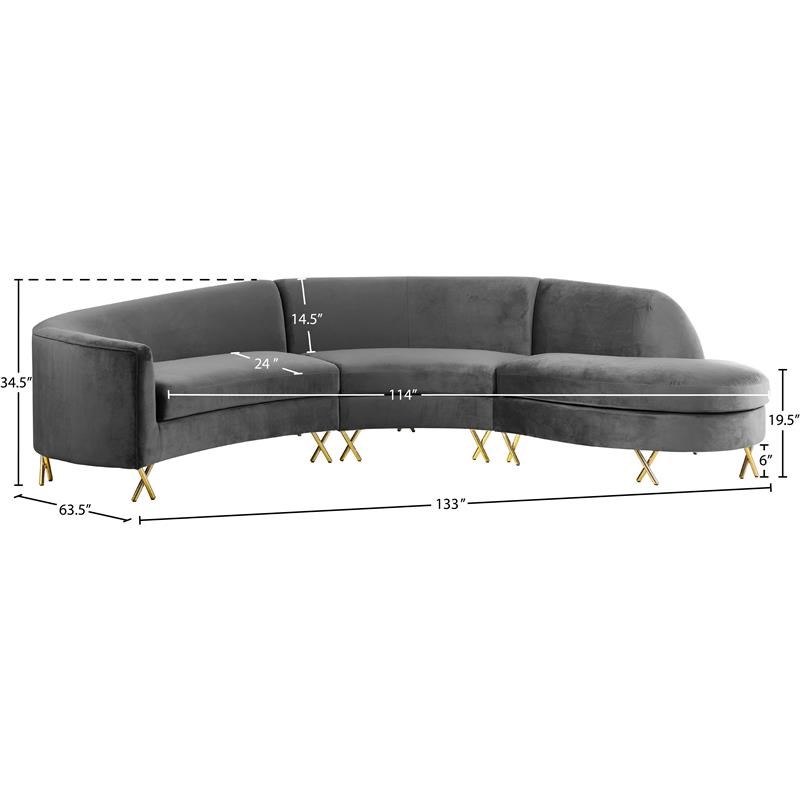 Meridian Furniture Serpentine 3pc Velvet Sectional in Gray Homesquare