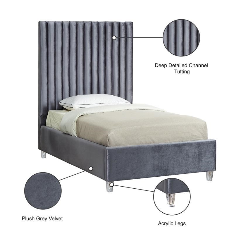 Meridian Furniture Candace Solid Wood Tufted Velvet Twin Bed in Gray