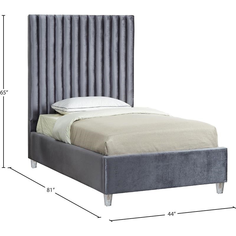 Meridian Furniture Candace Solid Wood Tufted Velvet Twin Bed in Gray