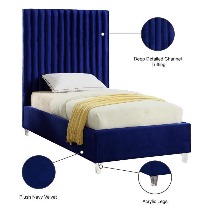 Meridian Furniture Candace Solid Wood Tufted Velvet Twin Bed in Navy