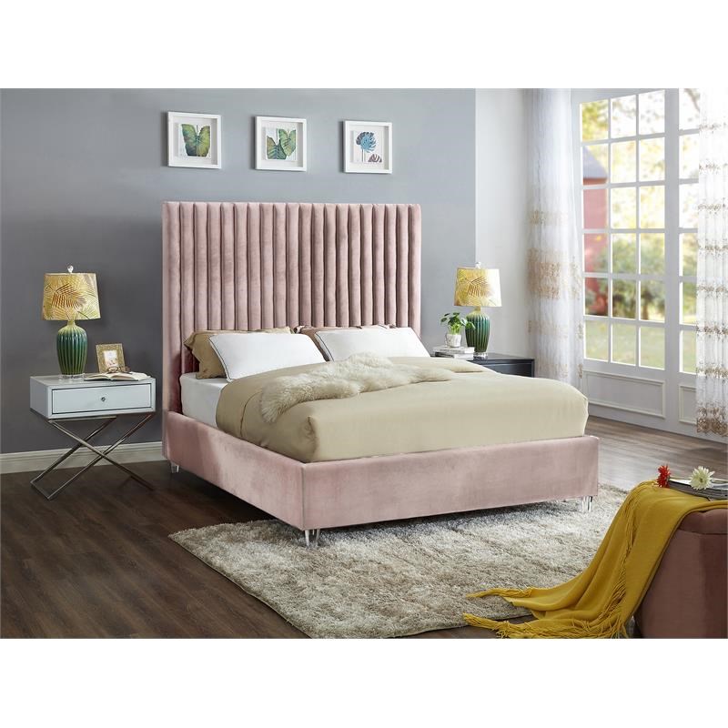Meridian Furniture Candace Solid Wood Tufted Velvet Full Bed in Pink