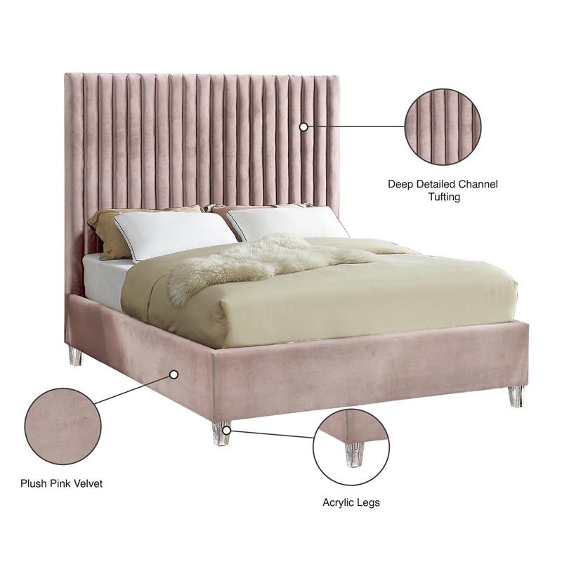 Meridian Furniture Candace Solid Wood Tufted Velvet Full Bed in Pink