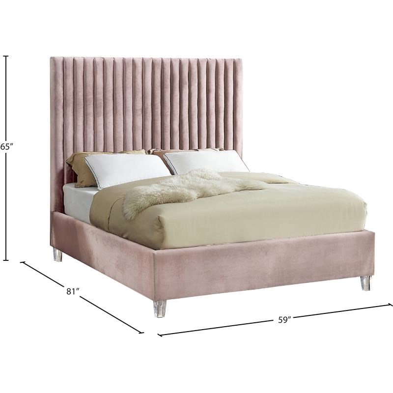 Meridian Furniture Candace Solid Wood Tufted Velvet Full Bed in Pink