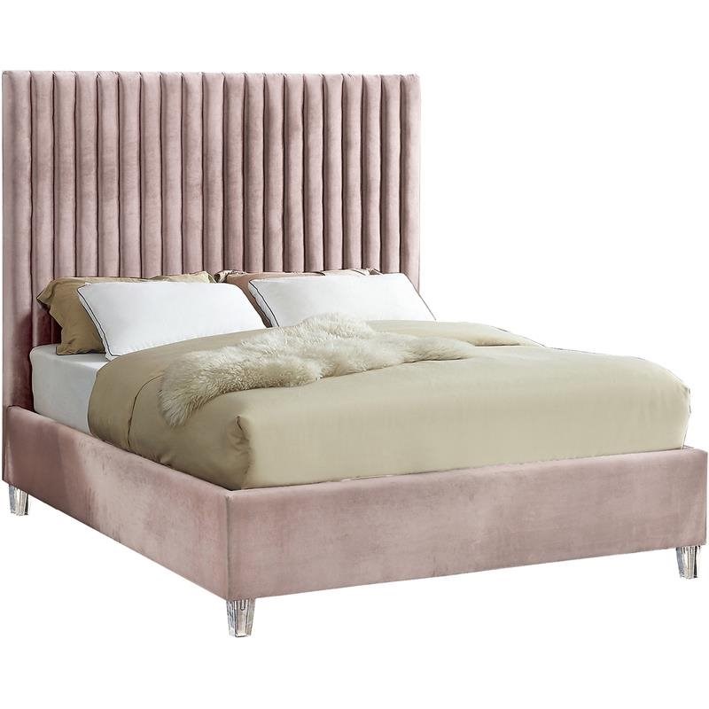 Meridian Furniture Candace Solid Wood Tufted Velvet Full Bed in Pink