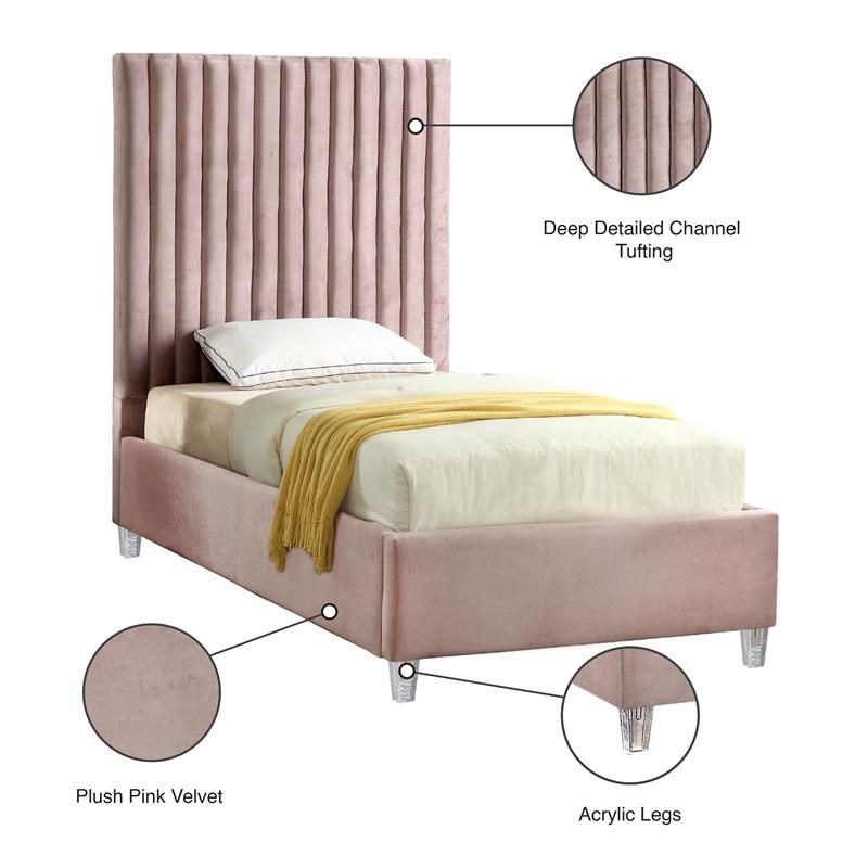 Meridian Furniture Candace Solid Wood Tufted Velvet Twin Bed in Pink