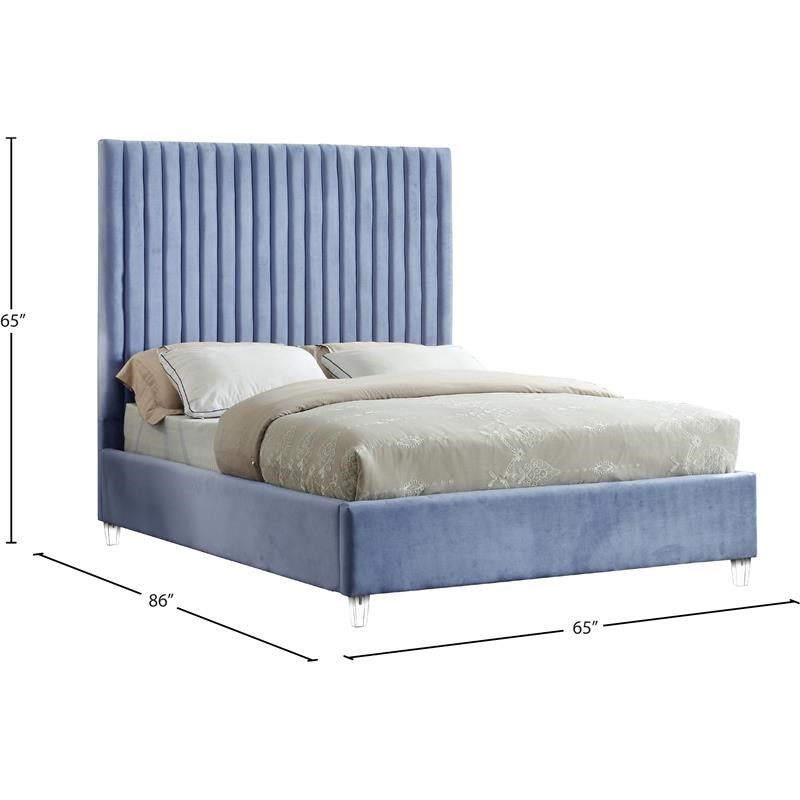 Meridian Furniture Candace Solid Wood Tufted Velvet Queen Bed in Sky Blue