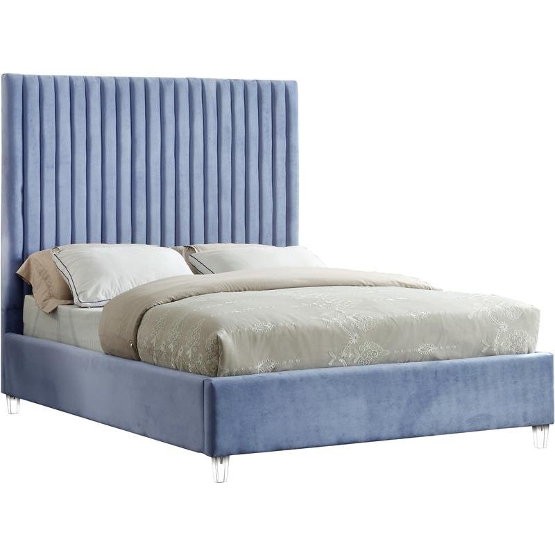 Meridian Furniture Candace Solid Wood Tufted Velvet Queen Bed in Sky Blue