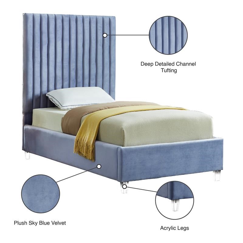 Meridian Furniture Candace Solid Wood Tufted Velvet Twin Bed in SKy Blue