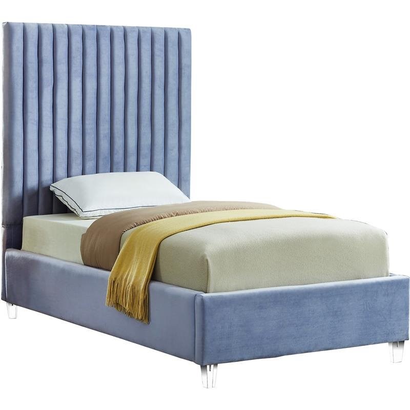 Meridian Furniture Candace Solid Wood Tufted Velvet Twin Bed in SKy Blue