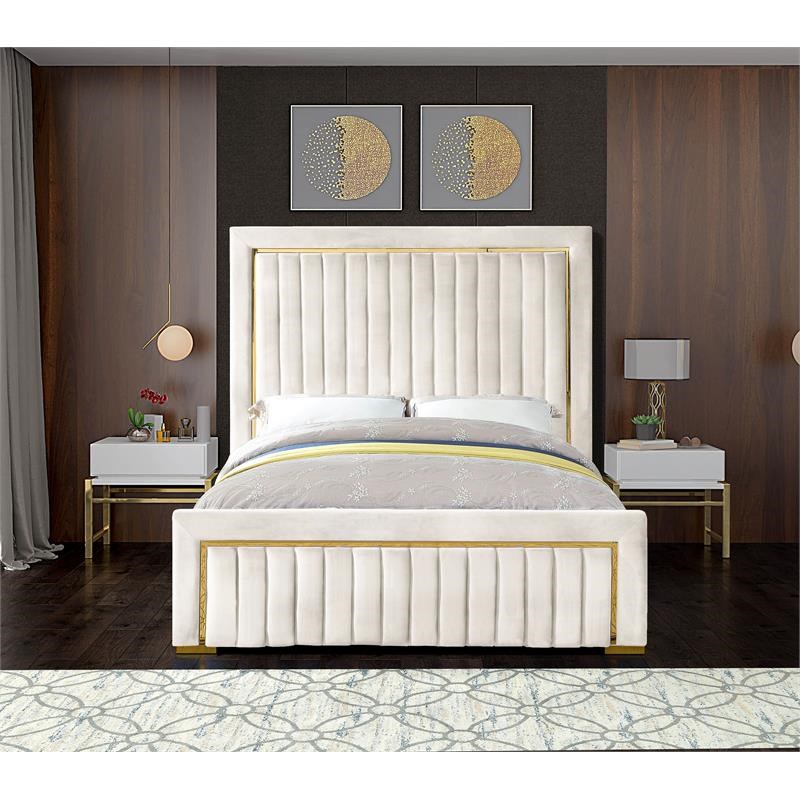 Meridian Furniture Dolce Solid Wood and Velvet Queen Bed in Cream ...