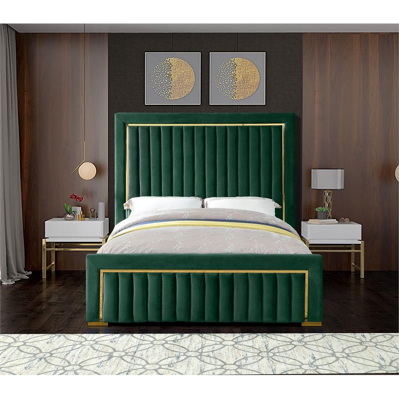 Meridian Furniture Dolce Solid Wood and Velvet Queen Bed in Green