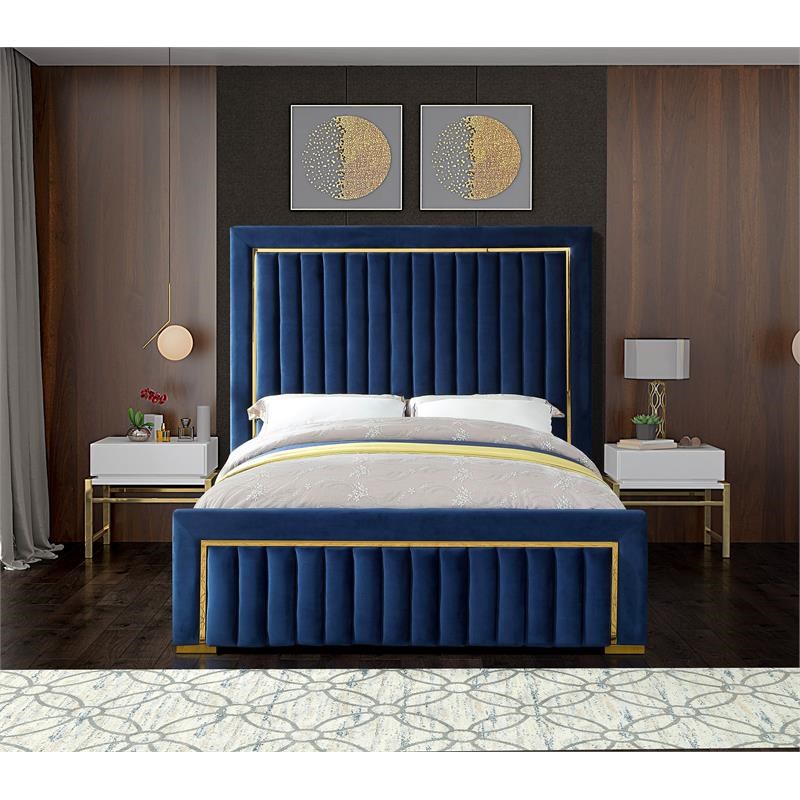 Meridian Furniture Dolce Solid Wood and Velvet King Bed in Navy