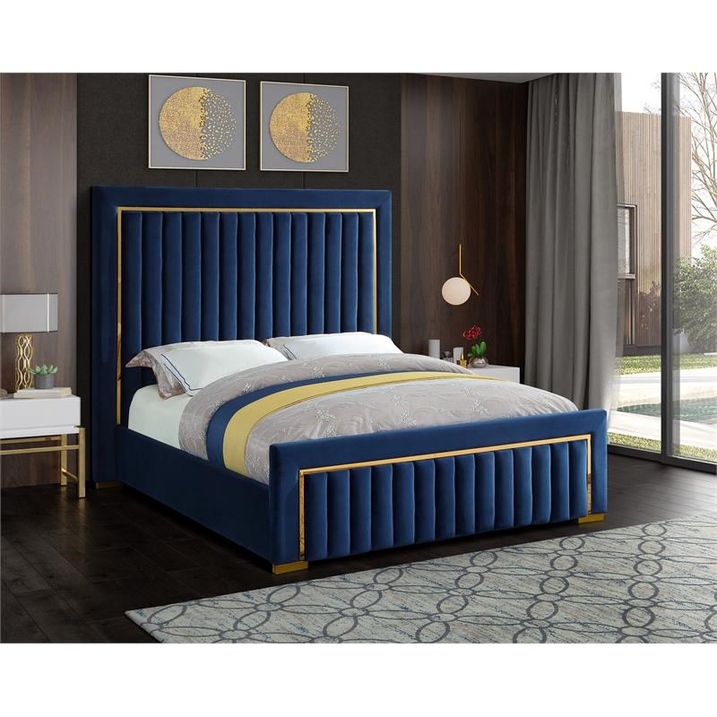 Meridian Furniture Dolce Solid Wood and Velvet Queen Bed in Navy