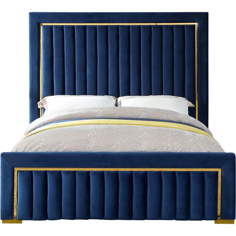 Meridian Furniture Dolce Solid Wood and Velvet Queen Bed in Navy