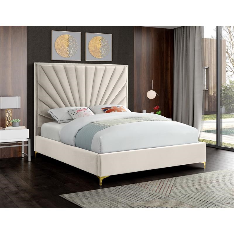 Meridian Furniture Eclipse Solid Wood and Velvet Full Bed in Cream
