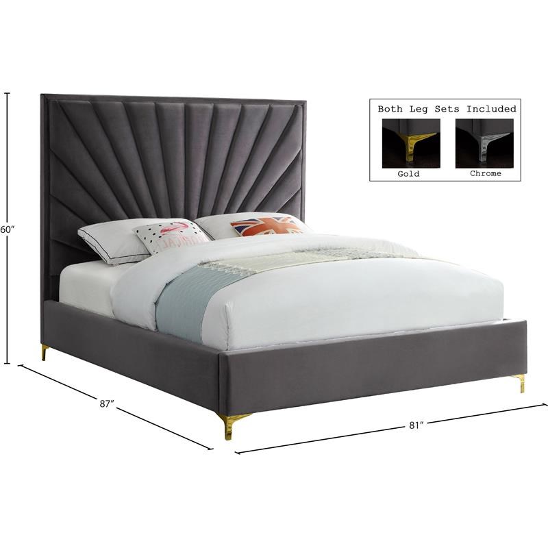 Meridian Furniture Eclipse Solid Wood and Velvet King Bed in Gray
