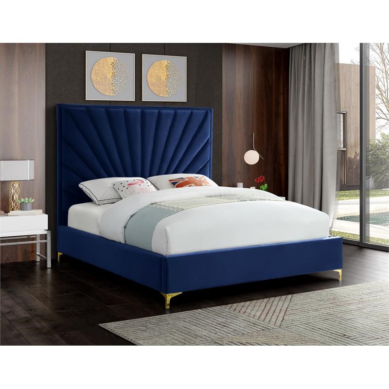 Meridian Furniture Eclipse Solid Wood and Velvet Full Bed in Navy
