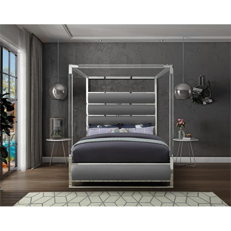 Meridian Furniture Encore Solid Wood and Faux Leather Queen Bed in Gray