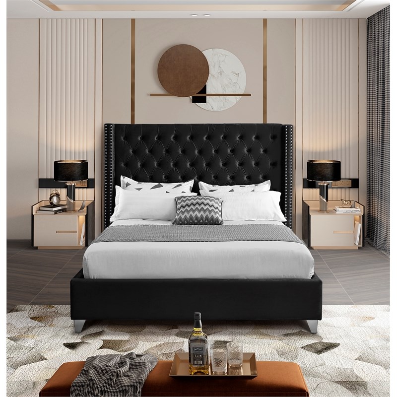 Meridian Furniture Aiden Solid Wood Tufted Velvet Wing Back Full Bed in Black