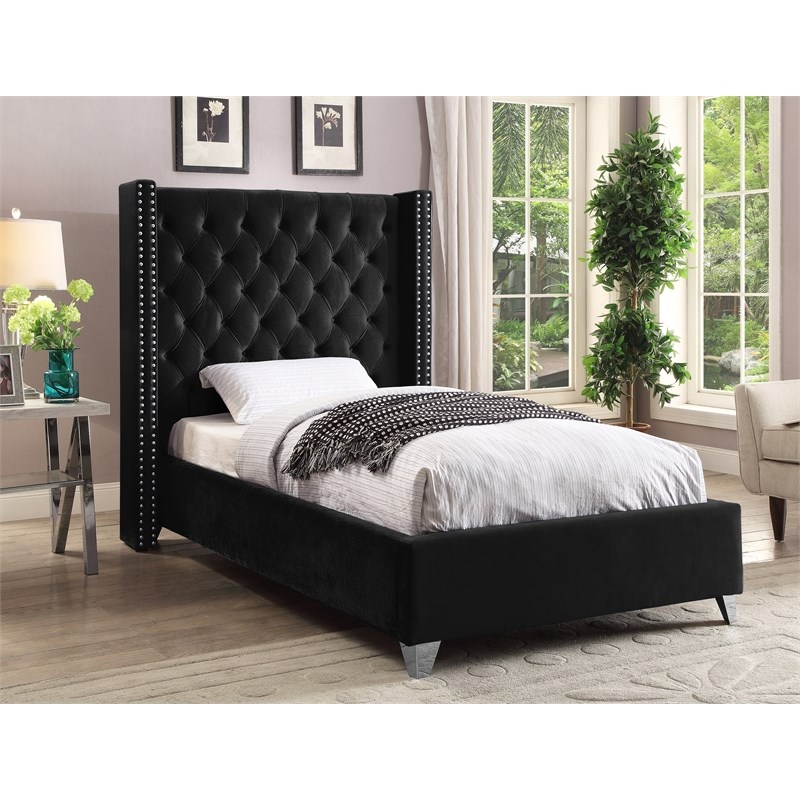 Meridian Furniture Aiden Solid Wood Tufted Velvet Wing Back Twin Bed in Black