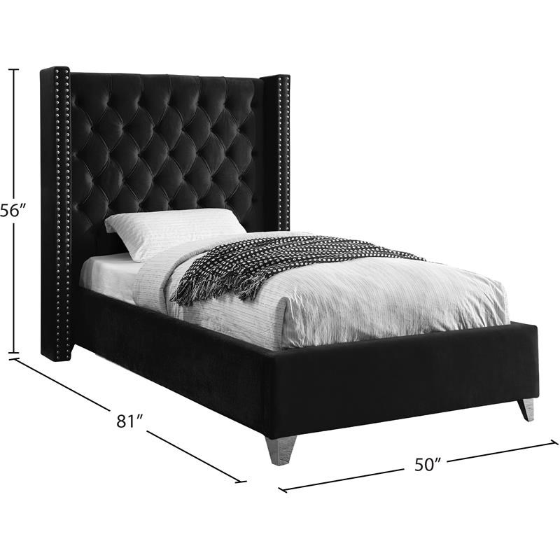 Meridian Furniture Aiden Solid Wood Tufted Velvet Wing Back Twin Bed in Black