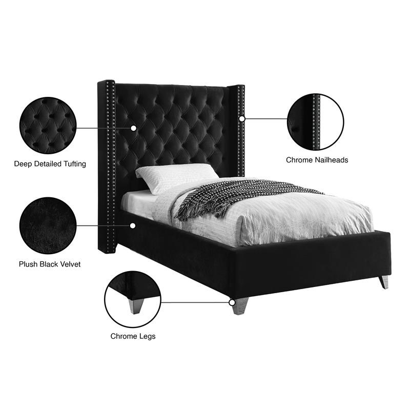 Meridian Furniture Aiden Solid Wood Tufted Velvet Wing Back Twin Bed in Black