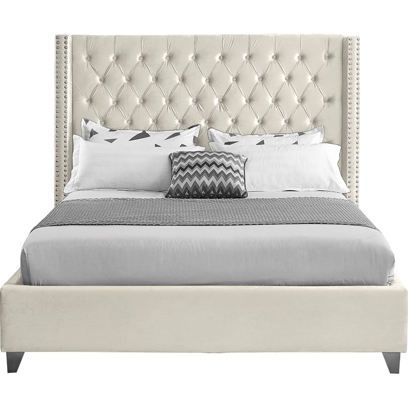 Meridian Furniture Aiden Solid Wood Tufted Velvet Wing Back Queen Bed in Cream Homesquare