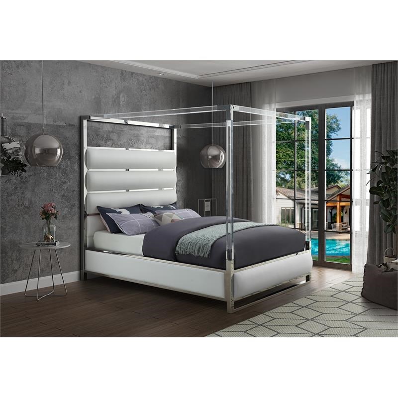 Meridian Furniture Encore Solid Wood and Faux Leather Queen Bed in White