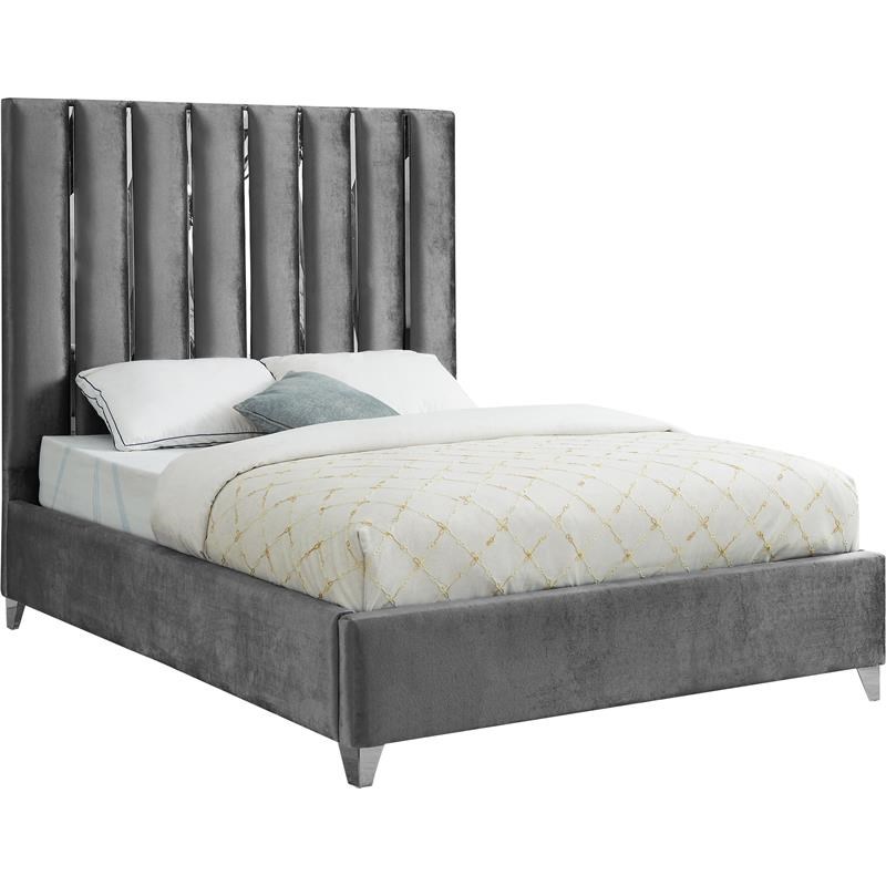 Meridian Furniture Enzo Solid Wood and Velvet Full Bed in Gray