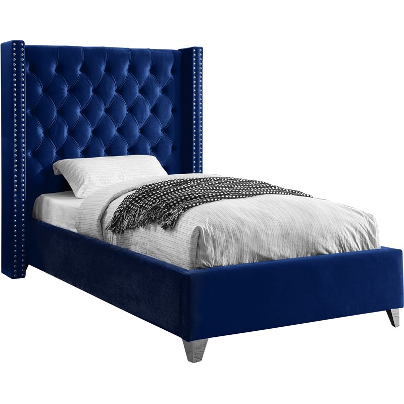 Meridian Furniture Aiden Solid Wood Tufted Velvet Wing Back Twin Bed in Navy