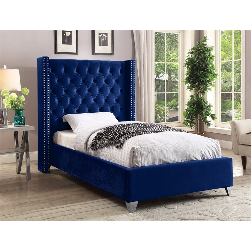 Meridian Furniture Aiden Solid Wood Tufted Velvet Wing Back Twin Bed in Navy